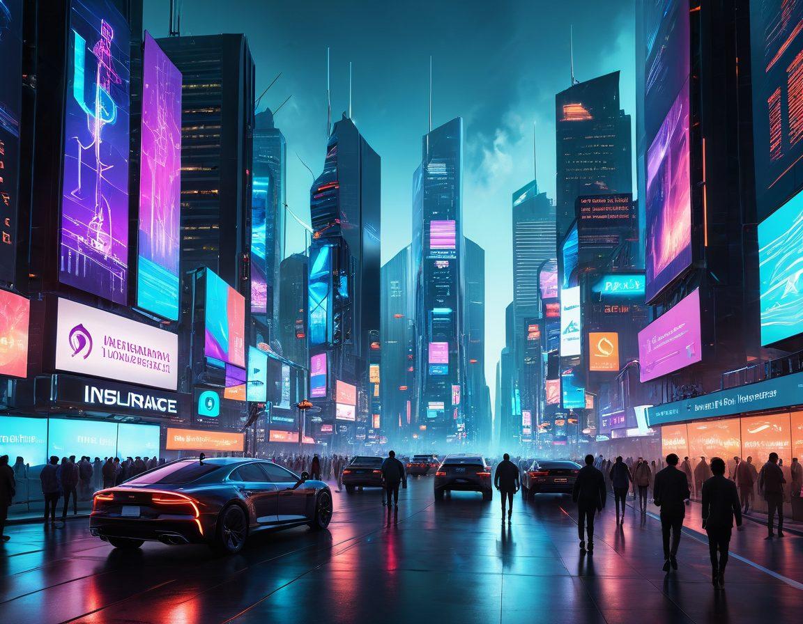 A futuristic cityscape showcasing a blend of digital technology and traditional insurance symbols, like shields and documents, with a glowing virtual interface displaying insurtech solutions. Include diverse people interacting with holographic insurance elements in a vibrant, dynamic environment. The sky should be filled with drones and digital screens promoting insurance innovation. super-realistic. vibrant colors. cyberpunk.
