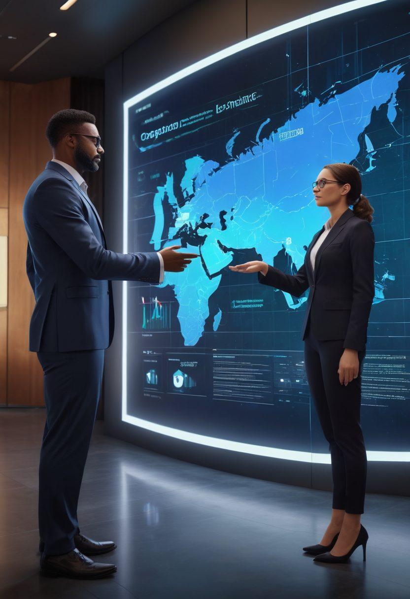 A futuristic digital interface displaying virtual insurance policies on sleek screens, showcasing diverse individuals accessing their accounts with ease. The environment is bright and technology-driven, featuring holographic elements and charts indicating convenience and accessibility. Incorporate symbols of trust, like a shield and a handshake, subtly integrated into the background. super-realistic. vibrant colors. 3D.