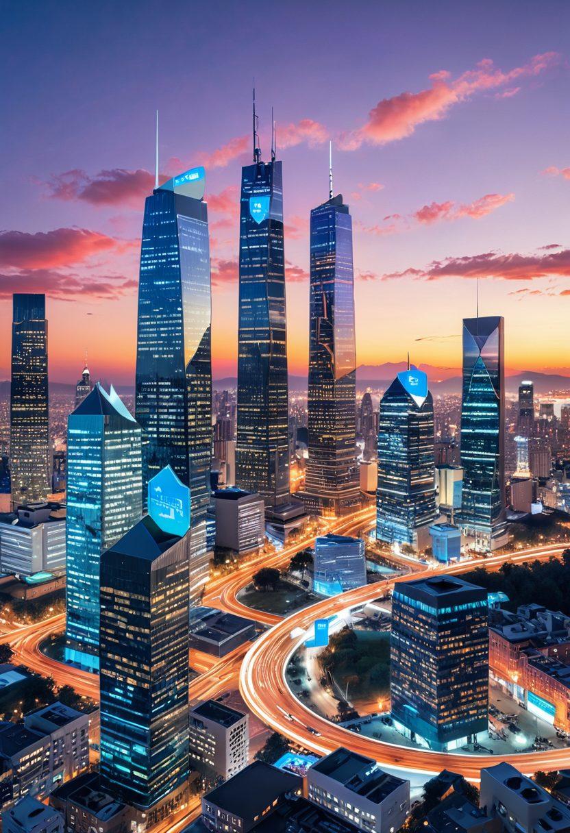 A digitally rendered landscape showcasing various e-insurance tools like apps, websites, and charts on floating screens. Include a modern city skyline in the background symbolizing progress and technology, with people interacting with digital devices. Incorporate symbols of security, such as a shield and a lock, subtly integrated into the design. The color palette should be bright and inviting, reflecting optimism for the future of digital insurance. vibrant colors. super-realistic. white background.